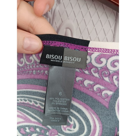 Bisou Bisou Dress Women's SZ 6 Stretch V-Neck High Waist Puff Sleeves Paisley EC - Picture 3 of 16